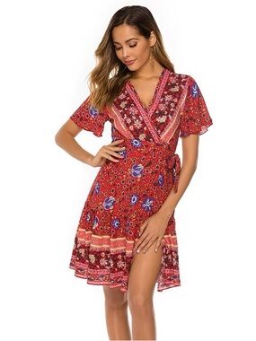 Red Boho Floral Kimono Dress Women Midi Tie Waist Vacation Summer Dress